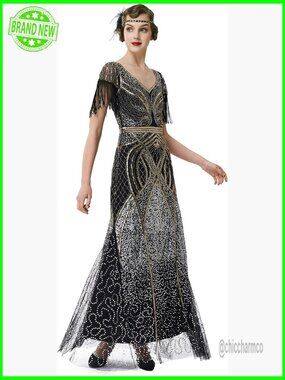 1920s Flapper Dress Sequin Beaded Maxi Evening Gown Formal Prom